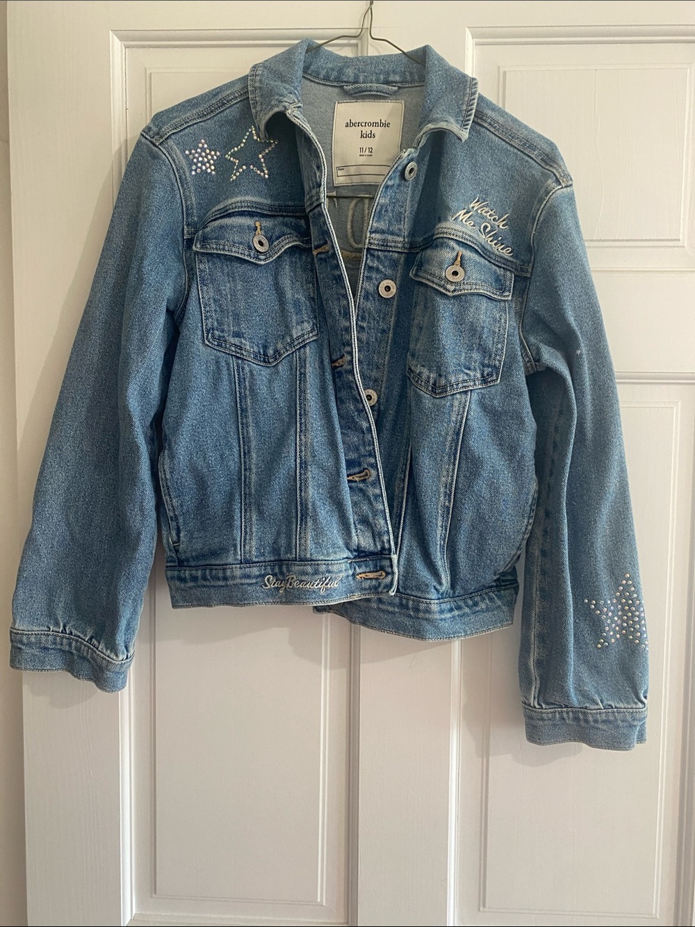 abercrombie kids light blue denim jacket with star studs